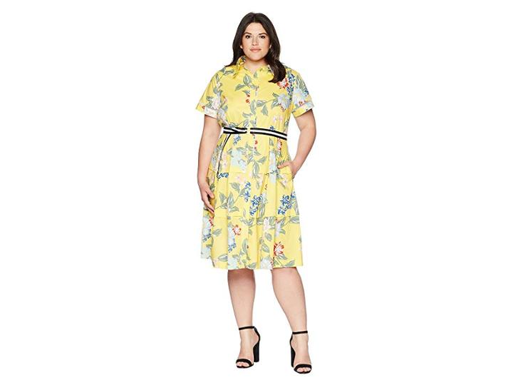 Donna Morgan Plus Size Floral Cotton Polin Shirtdress (sunny Yellow/blue Multi) Women's Dress