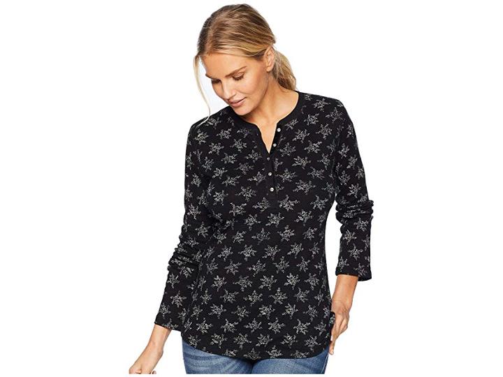Chaps Cotton Slub 1x1 Rib Long Sleeve Knit (polo Black Multi) Women's Clothing