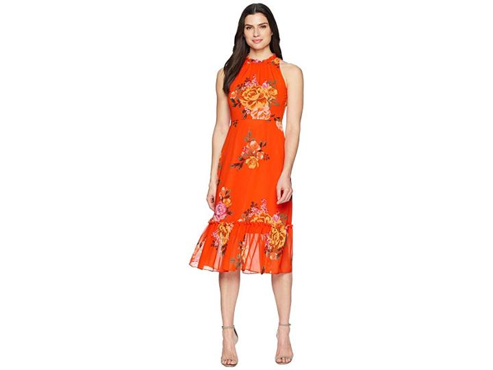 Donna Morgan Printed Chiffon Midi Dress With High Neck (orange/lavender Multi) Women's Dress