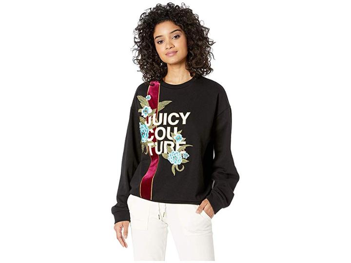 Juicy Couture Carnation Floral French Terry Pullover (pitch Black) Women's Clothing