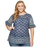 Lucky Brand Plus Size Printed Ruffle Top (blue Multi) Women's Long Sleeve Pullover