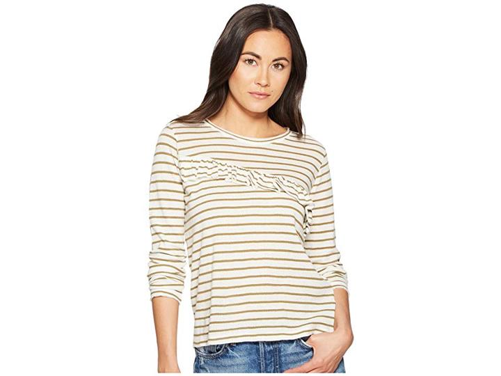 Lucky Brand Stripe Asymmetrical Ruffle Top (olive Stripe) Women's Long Sleeve Pullover