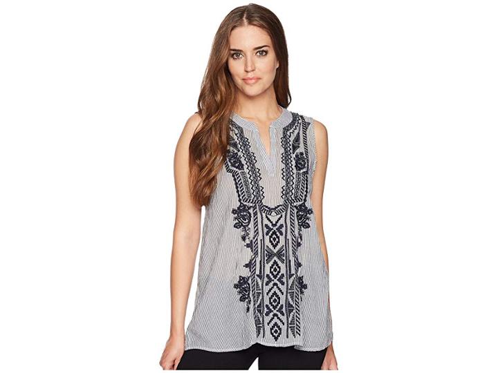 Dylan By True Grit Artisan Sleeveless Stripe Tunic With Navy Embroidery (indigo) Women's Sleeveless