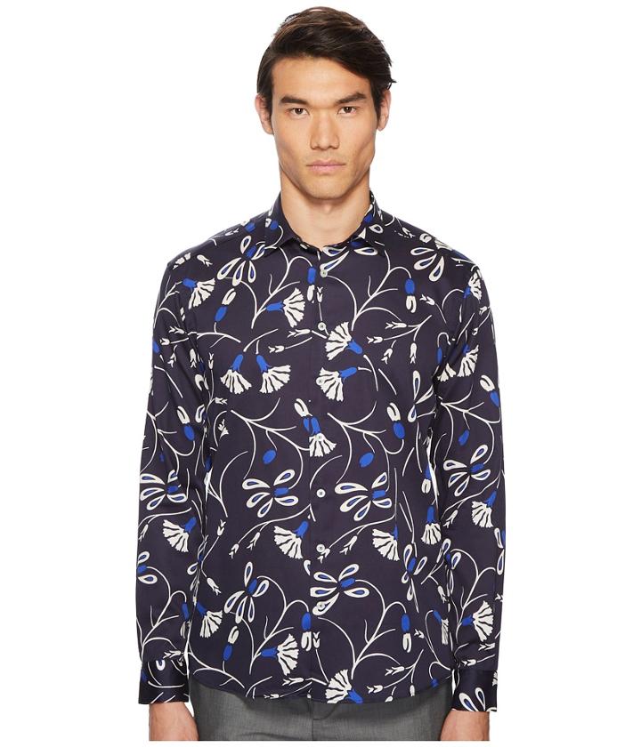 Etro Abstract Blossom Button Down Shirt (navy) Men's Long Sleeve Button Up