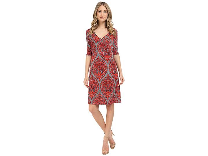 Christin Michaels Tea Length 3/4 Sleeve Wrap Dress (coral Print) Women's Dress