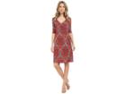 Christin Michaels Tea Length 3/4 Sleeve Wrap Dress (coral Print) Women's Dress