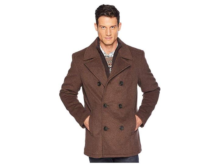 Kenneth Cole New York Double Breasted Wool Peacoat W/ Inner Vestie (medium Brown) Men's Coat