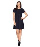 Tahari By Asl Short Sleeve Boat Neck Fit And Flare Dress (navy) Women's Dress