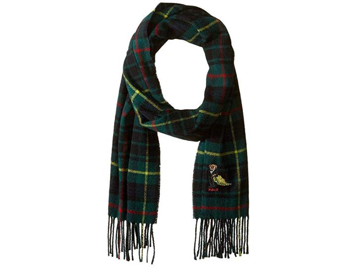 Polo Ralph Lauren Bear Embroidered Plaids Scarf (college Green Tartan) Scarves