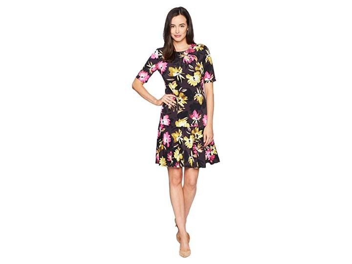 Ellen Tracy Elbow Sleeve Dress With Handkerchief Hem (rainbow Flowers Multi) Women's Dress