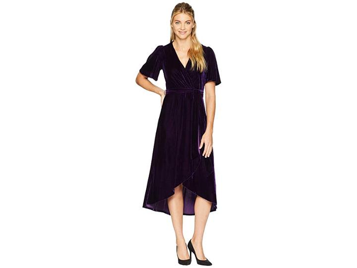 Donna Morgan Velvet Faux Wrap Dress With Flutter Sleeve (bright Purple) Women's Dress