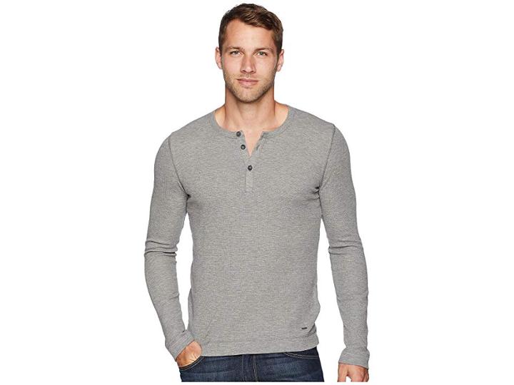 Boss Hugo Boss Trix Long Sleeve Waffle Henley (heather Grey) Men's Long Sleeve Pullover