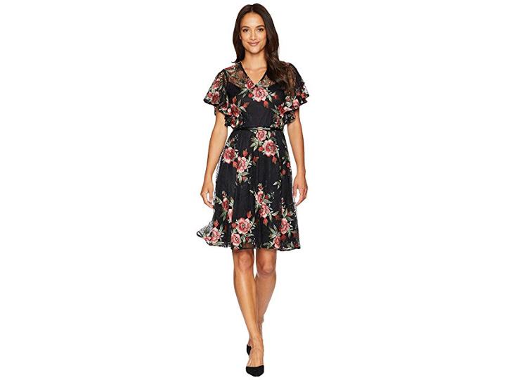 Calvin Klein Belted Flutter Sleeve Lace Dress Cd8l15qf (black Multi) Women's Dress
