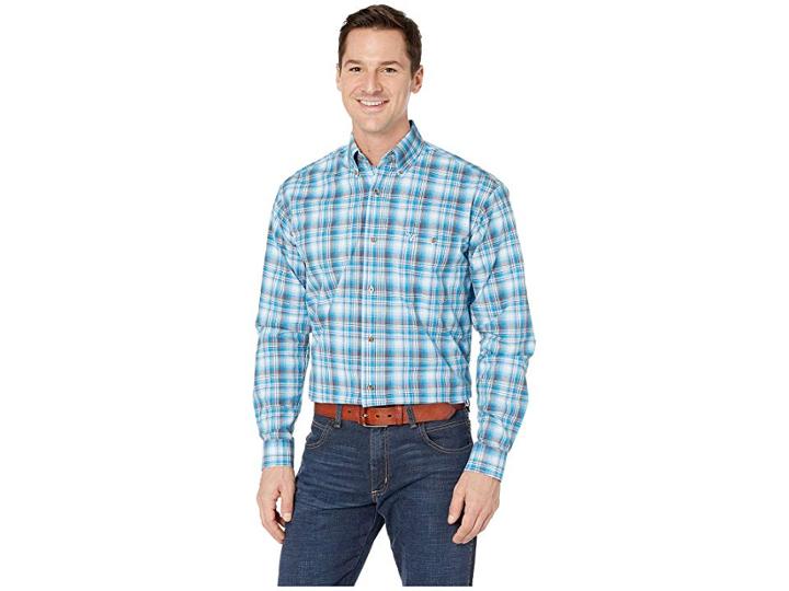 Wrangler 20x Long Sleeve Button Down Plaid (blue/brown) Men's Clothing