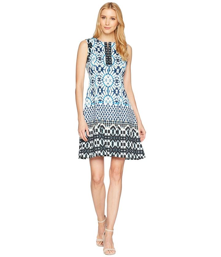 Maggy London Sundial Ikat Printed Scuba Fit Flare Dress (soft White/navy) Women's Dress