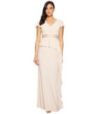 Adrianna Papell Short Sleeve Draped Jersey Gown With Beaded Waist And Asymmetrical Peplum (blush) Women's Dress