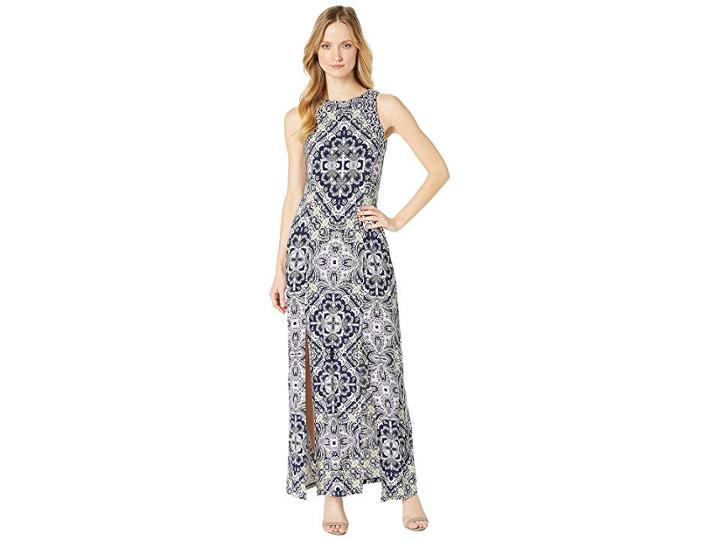 London Times Maxi Sheather Dress W/ Slits (navy/lilac) Women's Dress