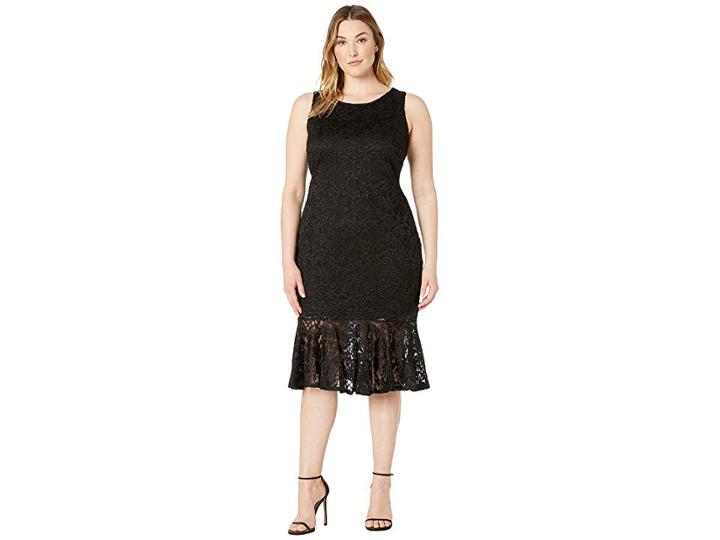 Marina Plus Size Sleeveless Stretch Glitter Lace Midi Dress With Flounce (black) Women's Dress