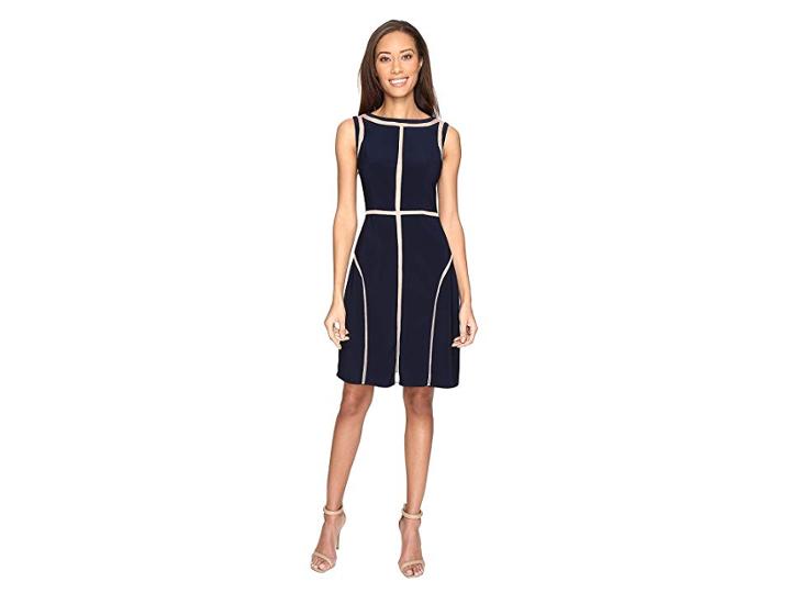 Adrianna Papell Matte Jersey Fit And Flare Dress With Contrast Netting Insets And Topstitching (blue Moon/pale Pink) Women's Dress