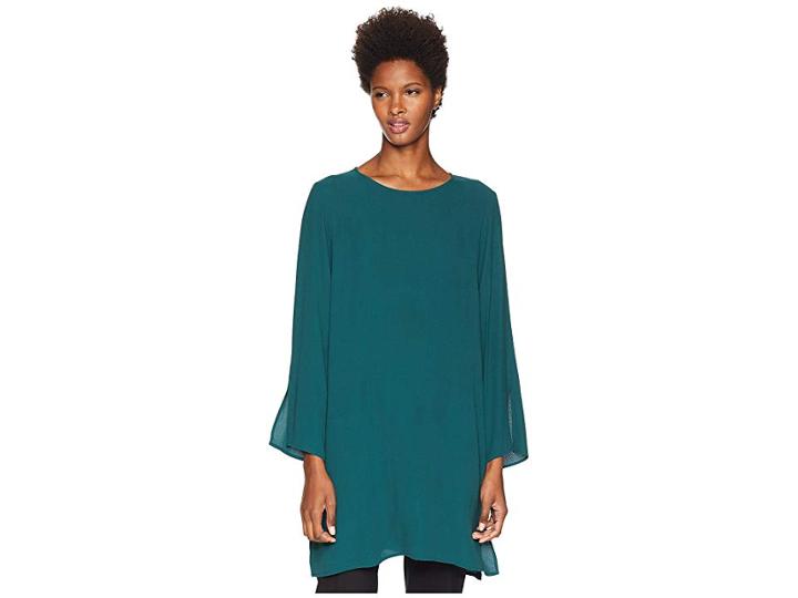Eileen Fisher Silk Georgette Crepe Round Neck Tunic With Side Slits (pine) Women's Clothing