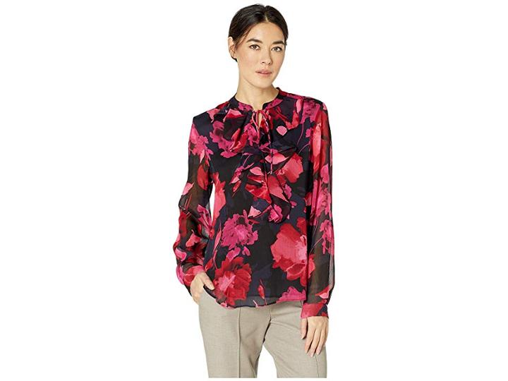 Tommy Hilfiger Floral Ruffle Front Long Sleeve Woven Top (scarlet Multi) Women's Blouse