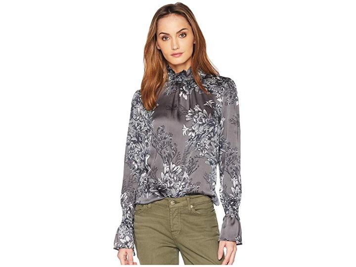 Vince Camuto Flare Tie Long Sleeve Woodland Floral Smock Neck Blouse (deep Shale) Women's Blouse
