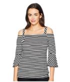Eci Striped Cold Shoulder 3/4 Sleeve Top (black/white) Women's Clothing