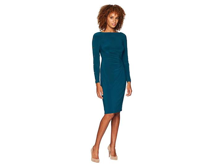 Lauren Ralph Lauren Matte Jersey Sagie Long Sleeve Day Dress (spruce/gold) Women's Dress