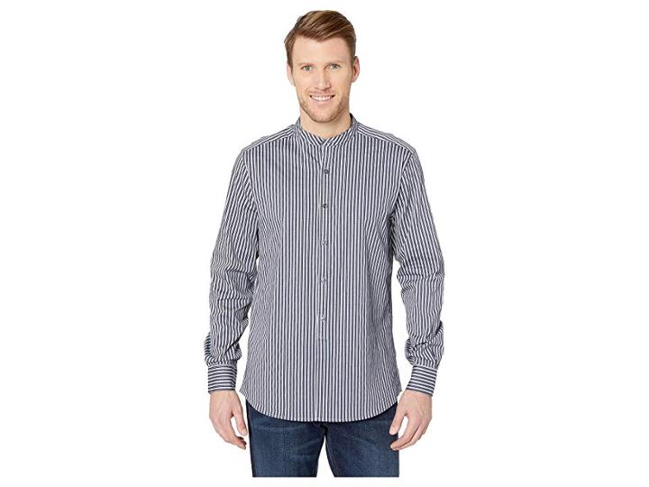 Kenneth Cole New York Long Sleeve Band Collar Dobby Stripe (bedford Blue) Men's Clothing