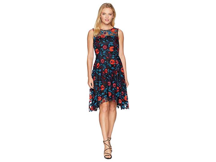 Tahari By Asl Petite Sleeveless Floral Novelty Embroidery Fit And Flare (black/teal/red) Women's Dress