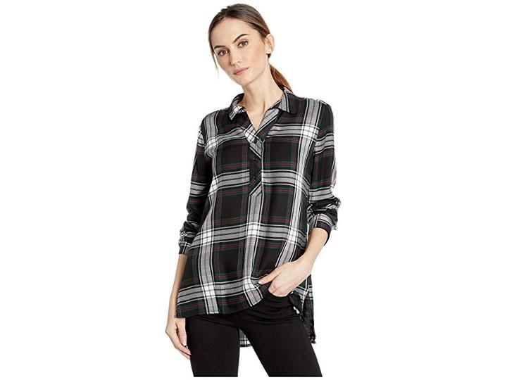 Alexander Jordan Long Sleeve Neck High-low Plaid Shirt (black/green) Women's Clothing