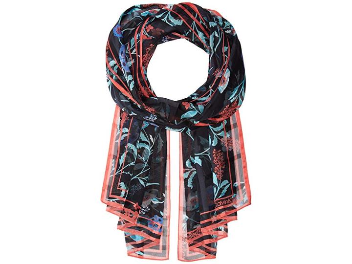 Calvin Klein Floral Grid Shadow Stripe Chiffon Poly (rose Quartz) Scarves