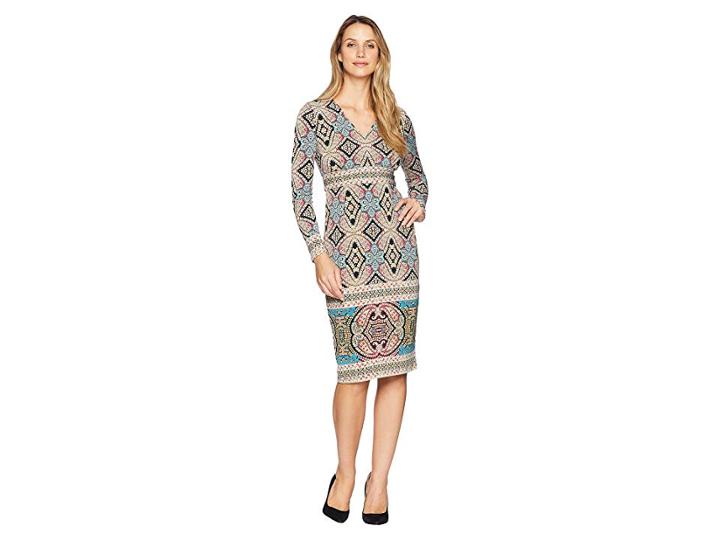 Maggy London Flower Diamond Jersey Midi Sheath Dress (cream Multi) Women's Dress