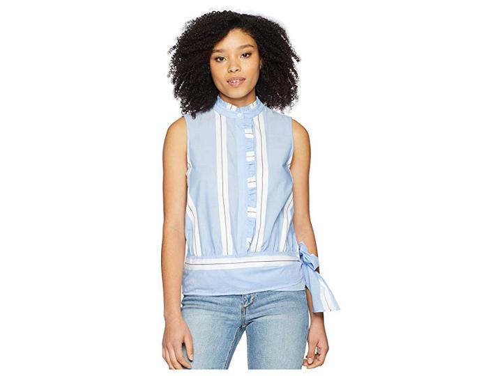 Vince Camuto Sleeveless Ruffle Front Tie Waist Yarn-dyed Stripe Shirt (ultra White) Women's Blouse