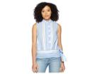 Vince Camuto Sleeveless Ruffle Front Tie Waist Yarn-dyed Stripe Shirt (ultra White) Women's Blouse