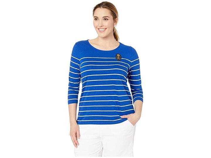 Lauren Ralph Lauren Plus Size Crest Striped Jersey Top (blue Ocean/silk White) Women's Clothing