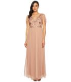 Adrianna Papell Long Mesh Gown With Beaded Bodice And Flutter Capelet (rose Gold) Women's Dress