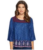 Lucky Brand Embroidered Border Peasant Top (navy Multi) Women's Long Sleeve Pullover