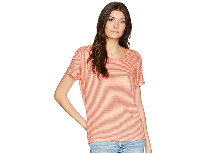 Lauren Ralph Lauren Lace-up Striped Linen T-shirt (calla Lily/chalk) Women's T Shirt