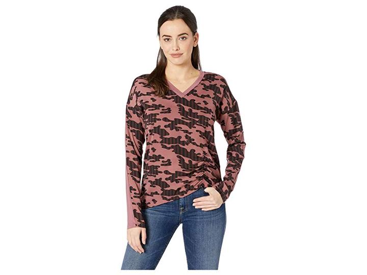Kenneth Cole New York Printed Mixed Media Top (stripe Camo Rose Brown) Women's Clothing