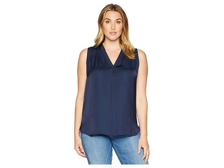 Vince Camuto Specialty Size Plus Size Sleeveless V-neck Rumple Blouse (classic Navy) Women's Blouse