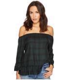Bb Dakota Laurian Off The Shoulder Plaid Top (forest Green) Women's Clothing