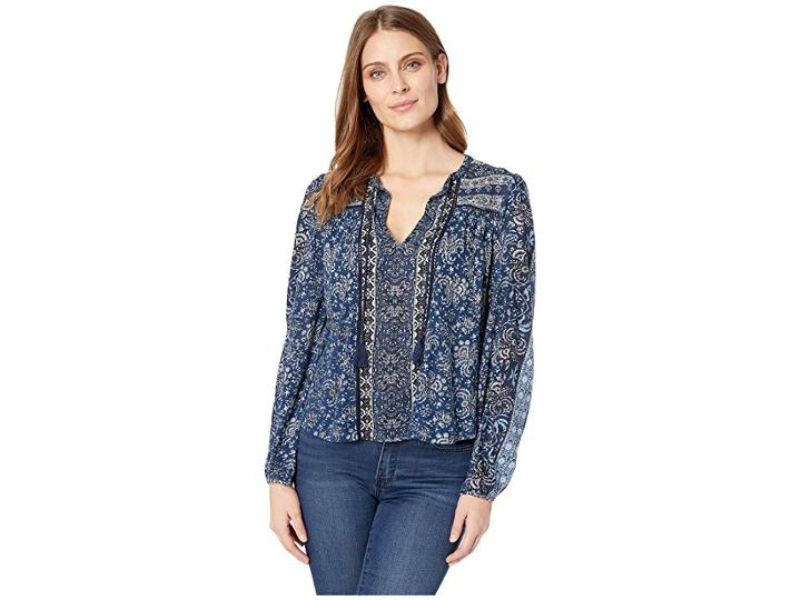 Lucky Brand Printed Peasant W/ Beads Top (blue Multi) Women's Clothing