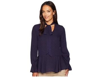 Lauren Ralph Lauren Petite Tie Neck Georgette Top (navy/crimson) Women's Clothing