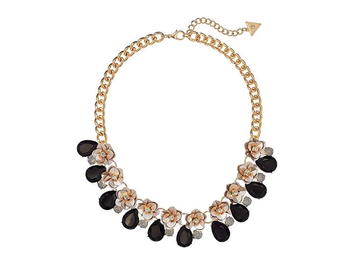Guess Floral Motif Collar Necklace With Stone Accents (gold/jet/ivory) Necklace