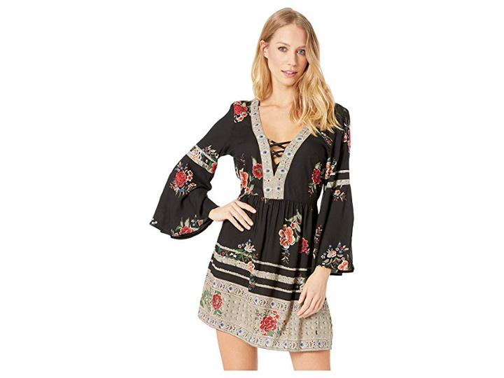 Angie Floral Open Long Sleeve Dress With Crisscross V-neck (black) Women's Dress