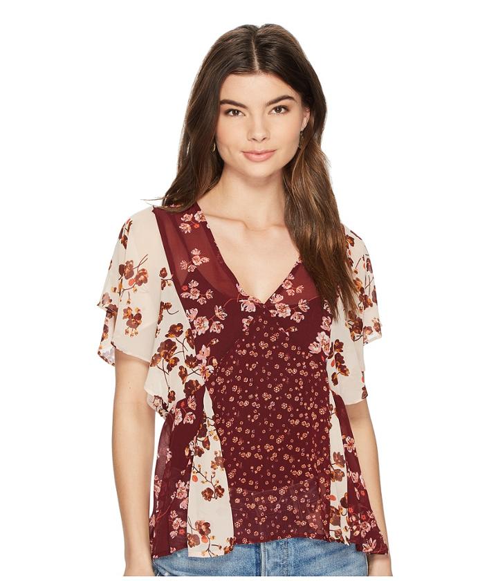 Lucky Brand Mix Print Floral Top (burgundy Multi) Women's Short Sleeve Pullover