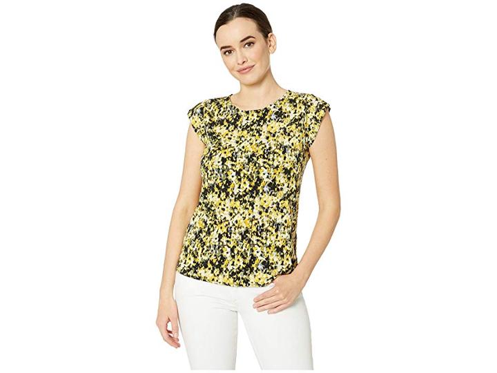 Tahari By Asl Matte Jersey Cap Sleeve Pleated Front Top (sunflower/black) Women's Clothing