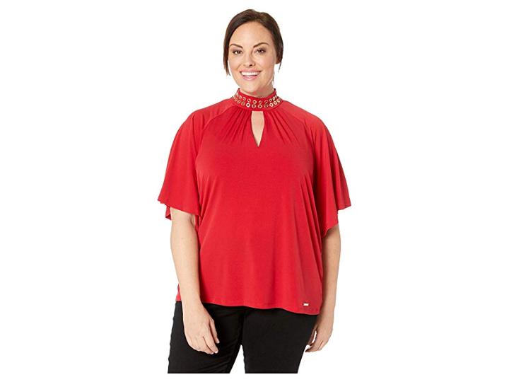 Michael Michael Kors Plus Size Grommet Neck Shirred Top (red Currant) Women's Clothing