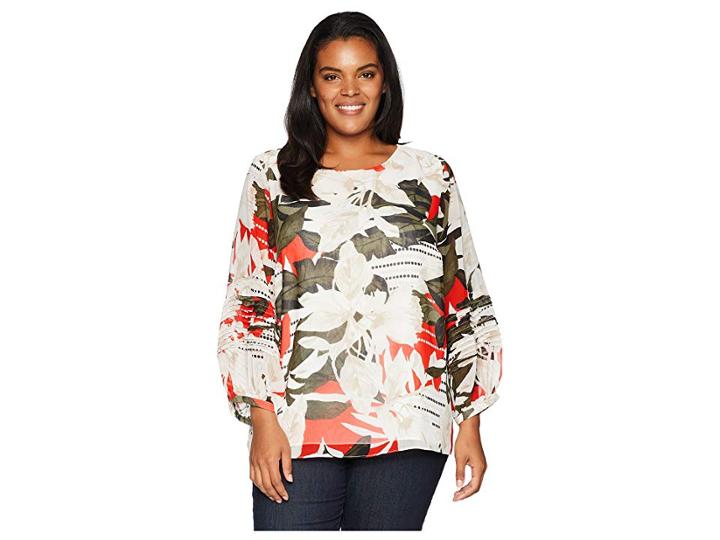 Calvin Klein Plus Plus Size Long Sleeve Bubble Sleeve Blouse W/ Pleated (tango/latte) Women's Blouse